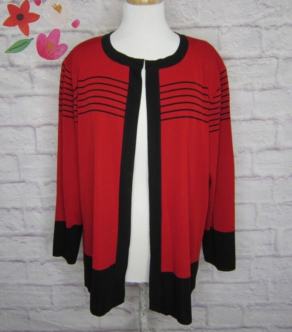 Exclusively Misook Woman size 2X Red & Black Acrylic Cardigan Jacket Open Front